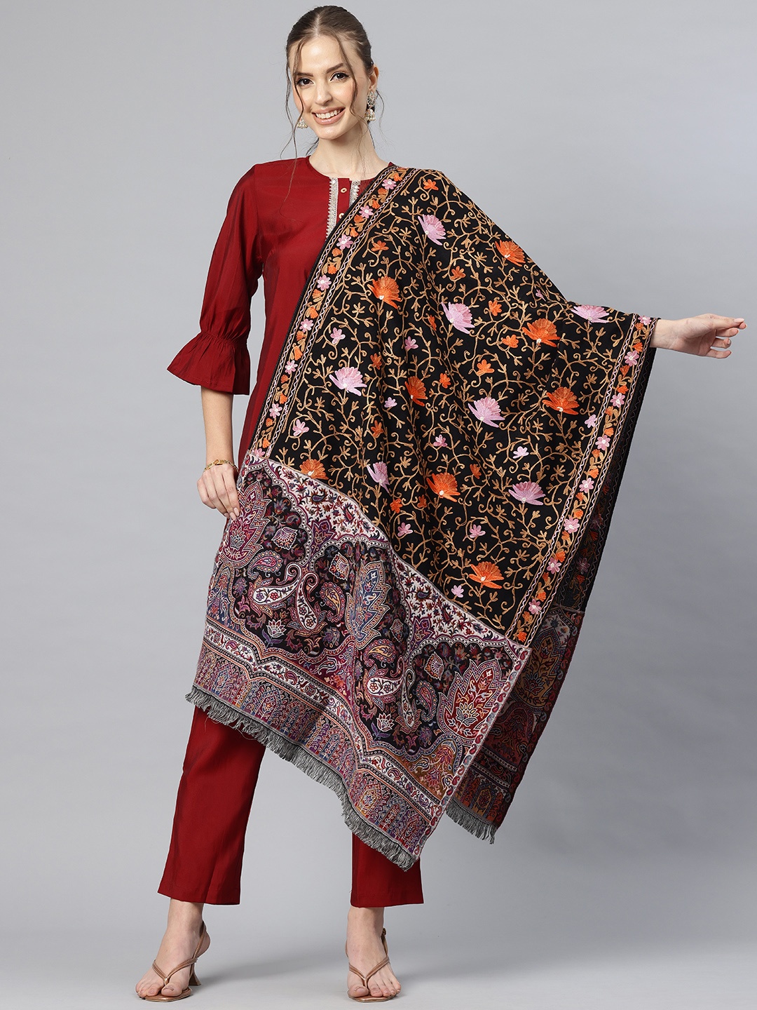 

SWI Stylish Women Floral Woven Design Stole, Black