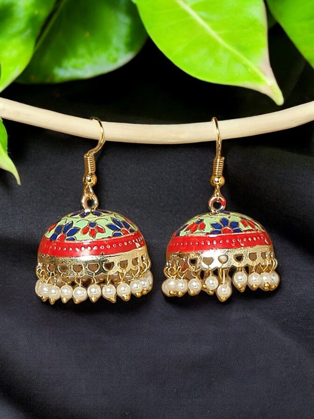 

OOMPH Gold-Plated Artificial Beads Dome Shaped Jhumkas, Green