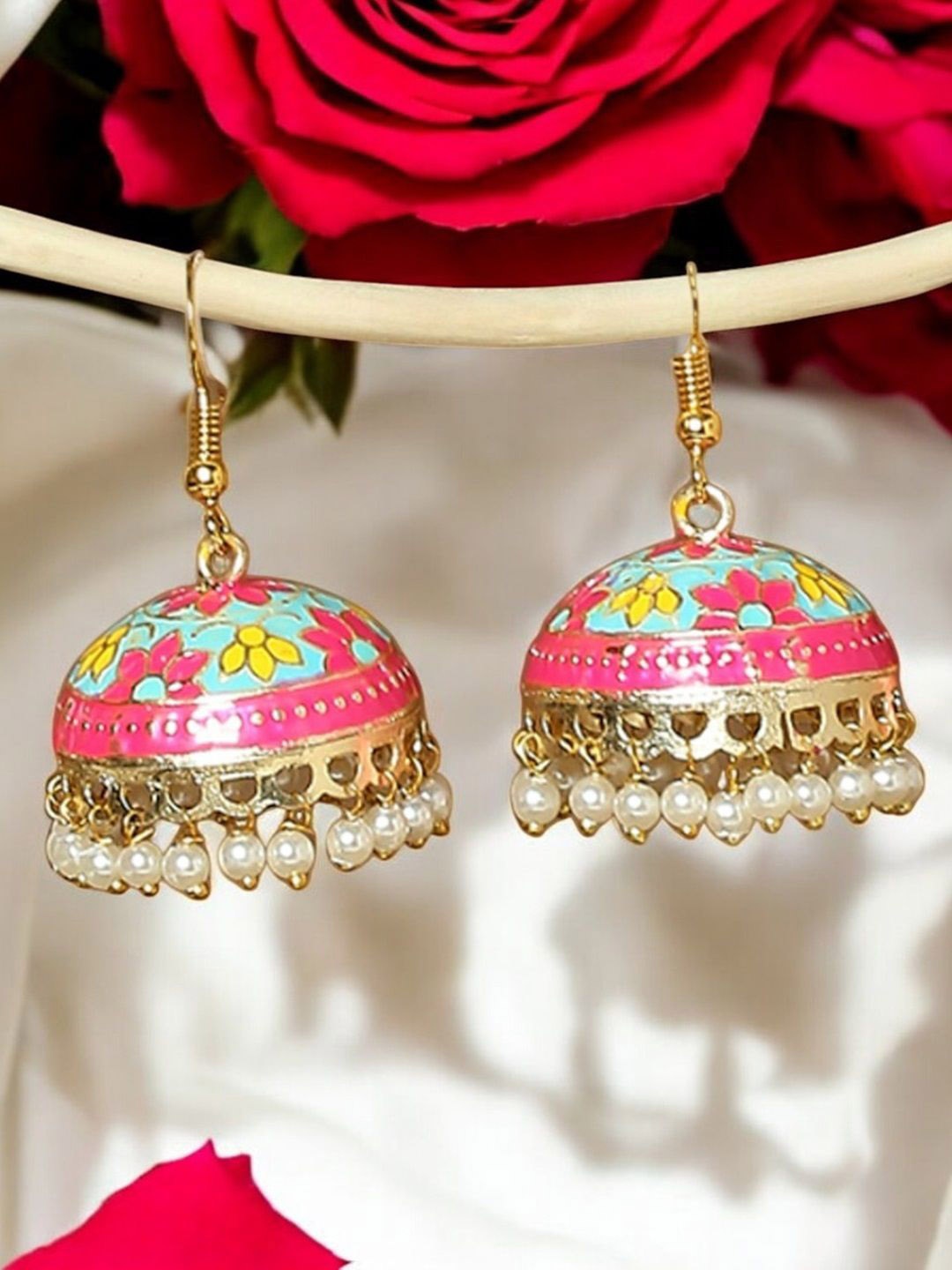 

OOMPH Gold-Plated Artificial Beaded Dome Shaped Jhumkas, Pink