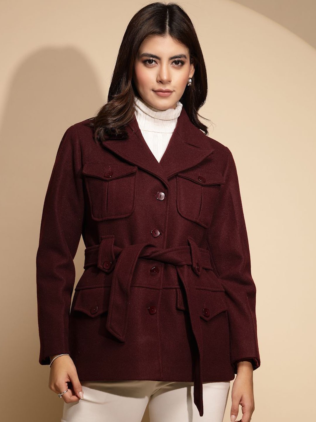 

Global Republic Women Single Breasted Wrap Coat, Maroon