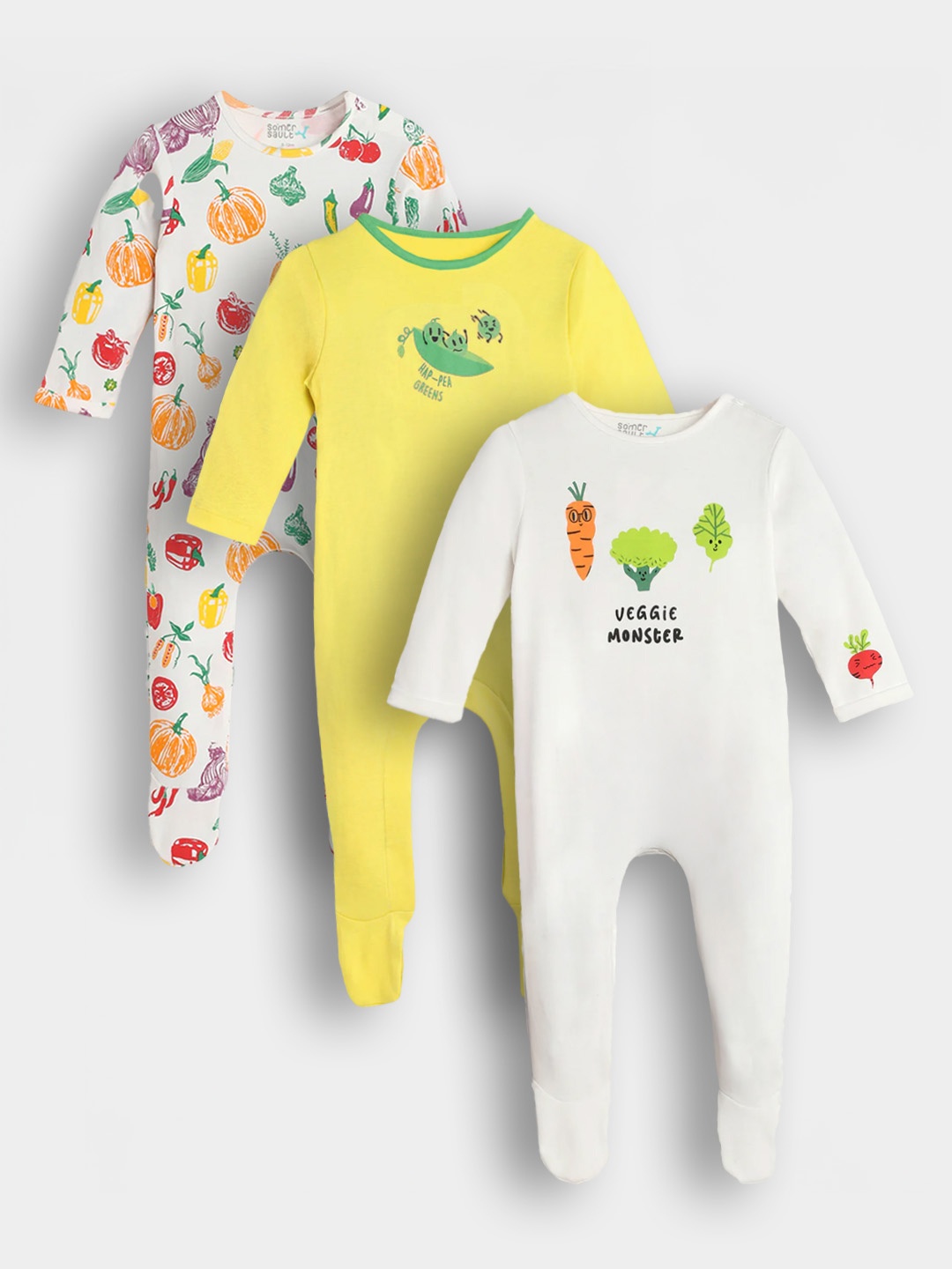 

Somersault Boys Pack of 3 Veggie Party Printed Sleepsuit, White