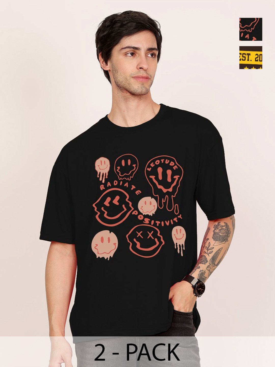 

Leotude Men Pack Of 2 Graphic Printed Round Neck Cotton T-shirts, Black