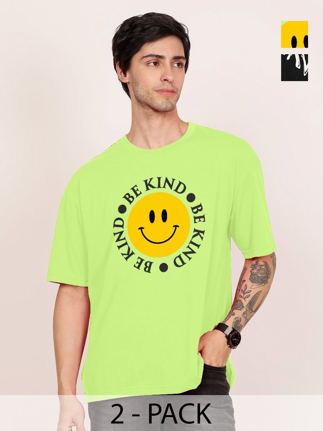 

Leotude Men Pack Of 2 Graphic Printed Round Neck Cotton T-shirts, Lime green