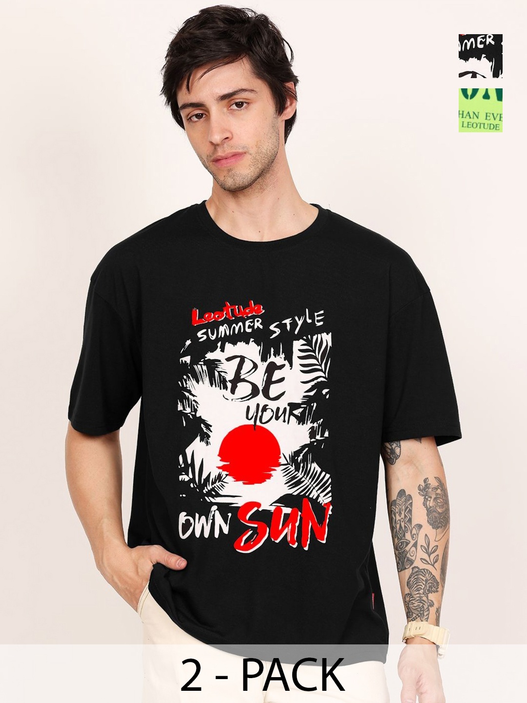 

Leotude Men Pack Of 2 Graphic Printed Round Neck Cotton T-shirts, Black