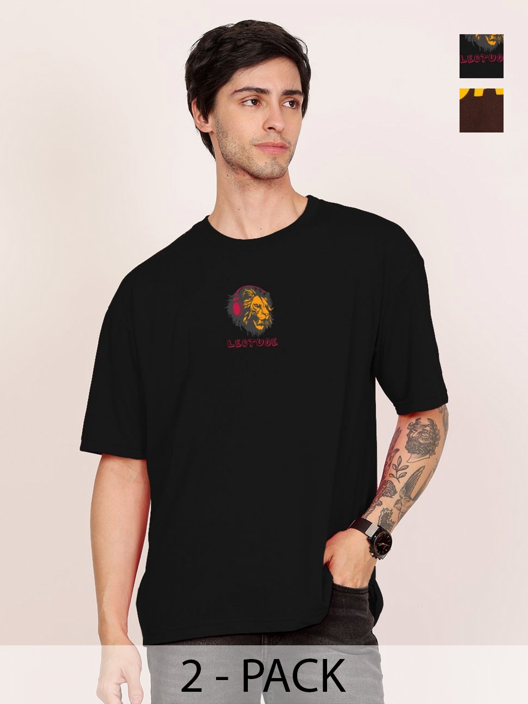 

Leotude Men Pack Of 2 Typography Printed Round Neck Cotton T-shirts, Black