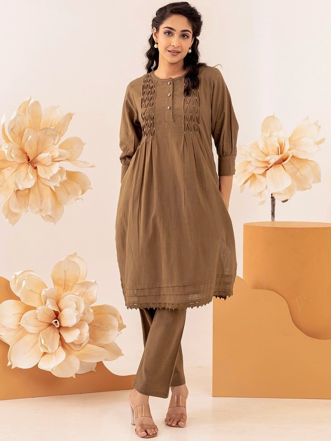 

MISRI Solid Pleated Round Neck A-Line Pure Cotton Kurta With Trouser, Brown