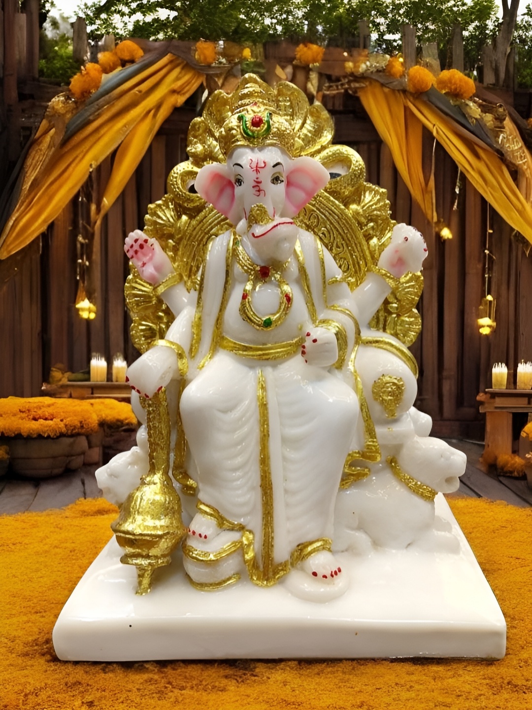 

Vrinban International White & Gold-Toned Ganesha Religious Figurine Showpiece