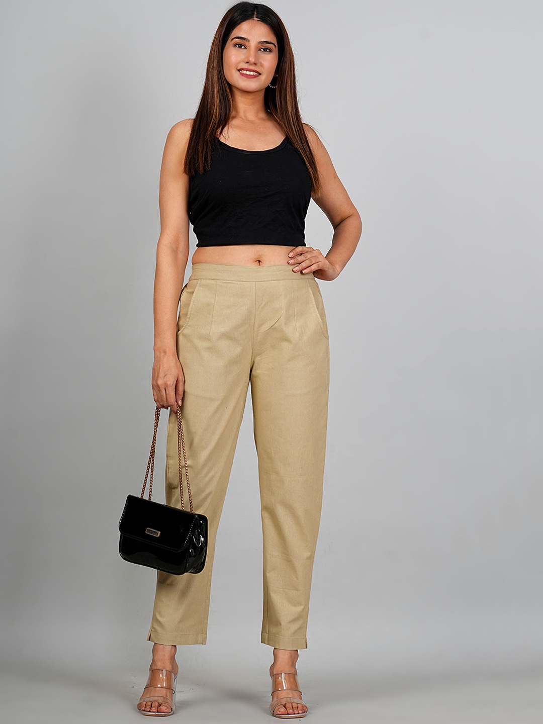 

VENITYWAVE Women Mid-Rise Regular Fit Cigarette Trousers, Beige