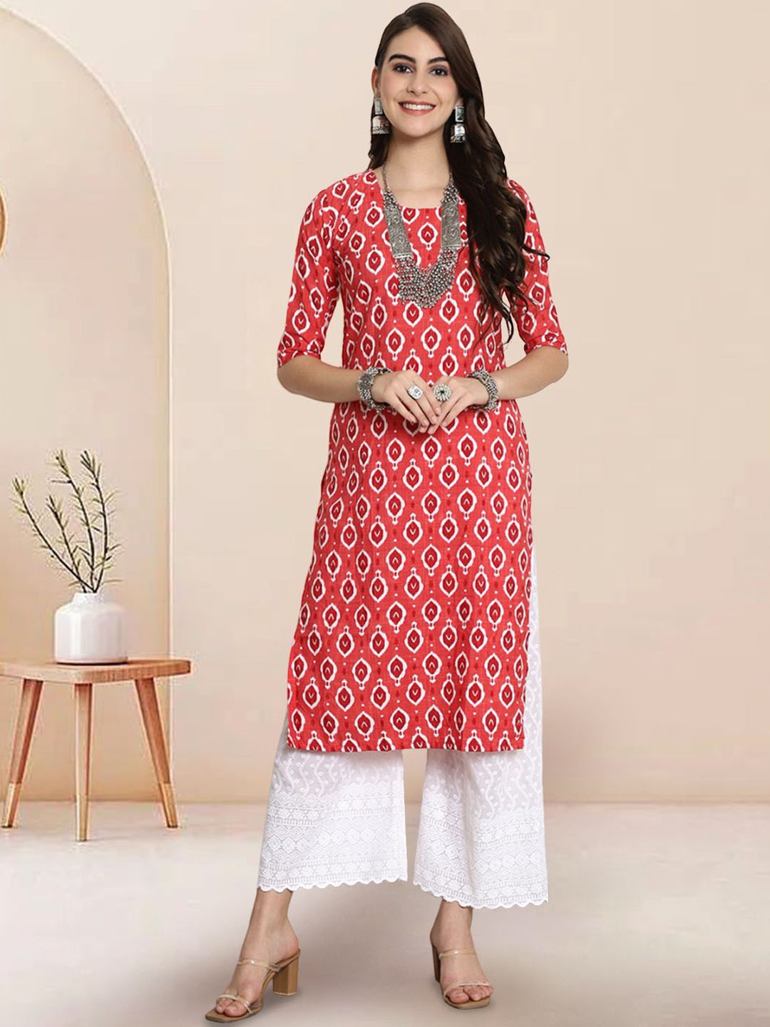 

7Threads Ethnic Motifs Printed Straight Kurta, Pink