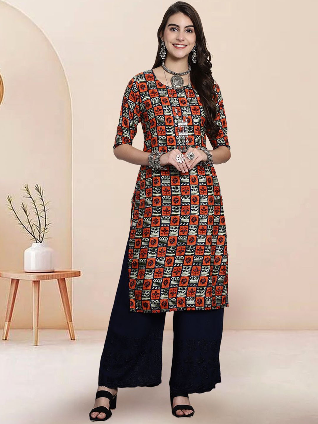 

7Threads Ethnic Motifs Printed Round Neck Straight Kurta, Navy blue