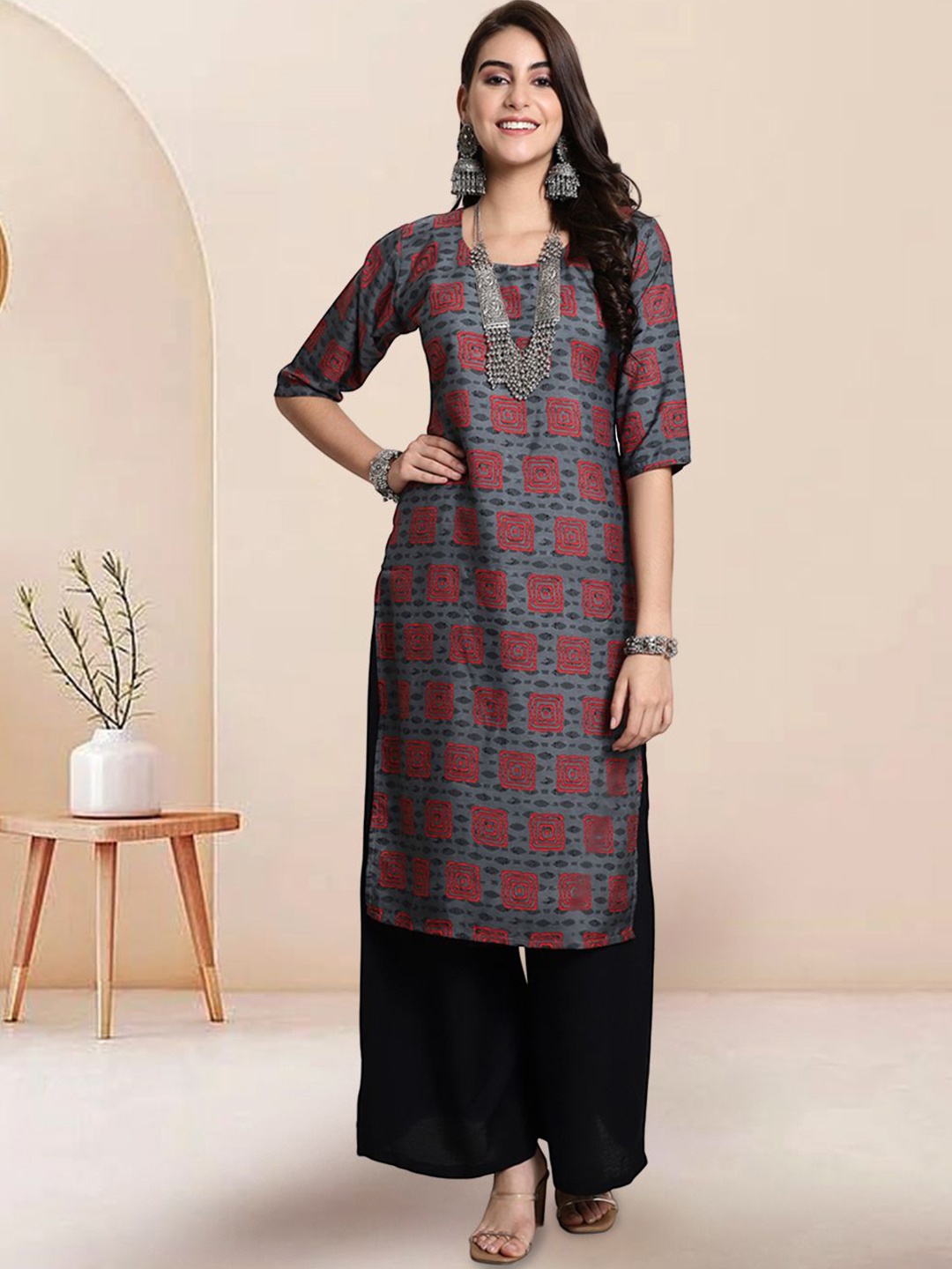 

7Threads Geometric Printed Round Neck Machine Weave Straight Kurta, Grey