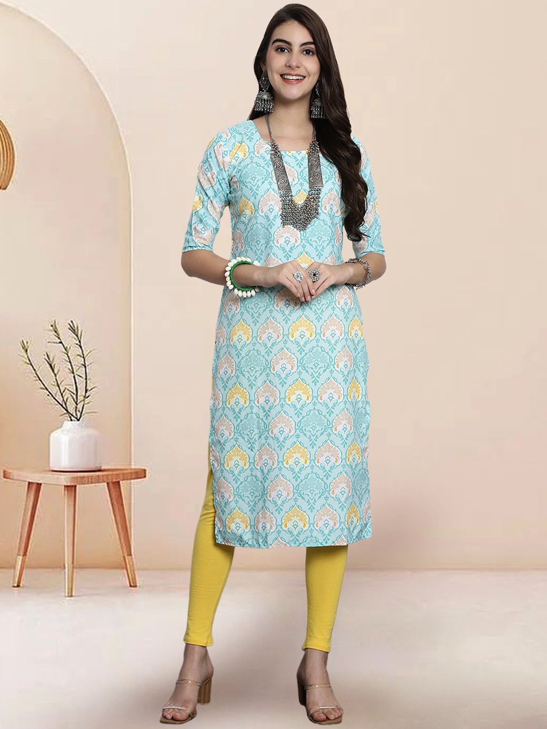 

7Threads Ethnic Motifs Printed Round Neck Straight Kurta, Blue