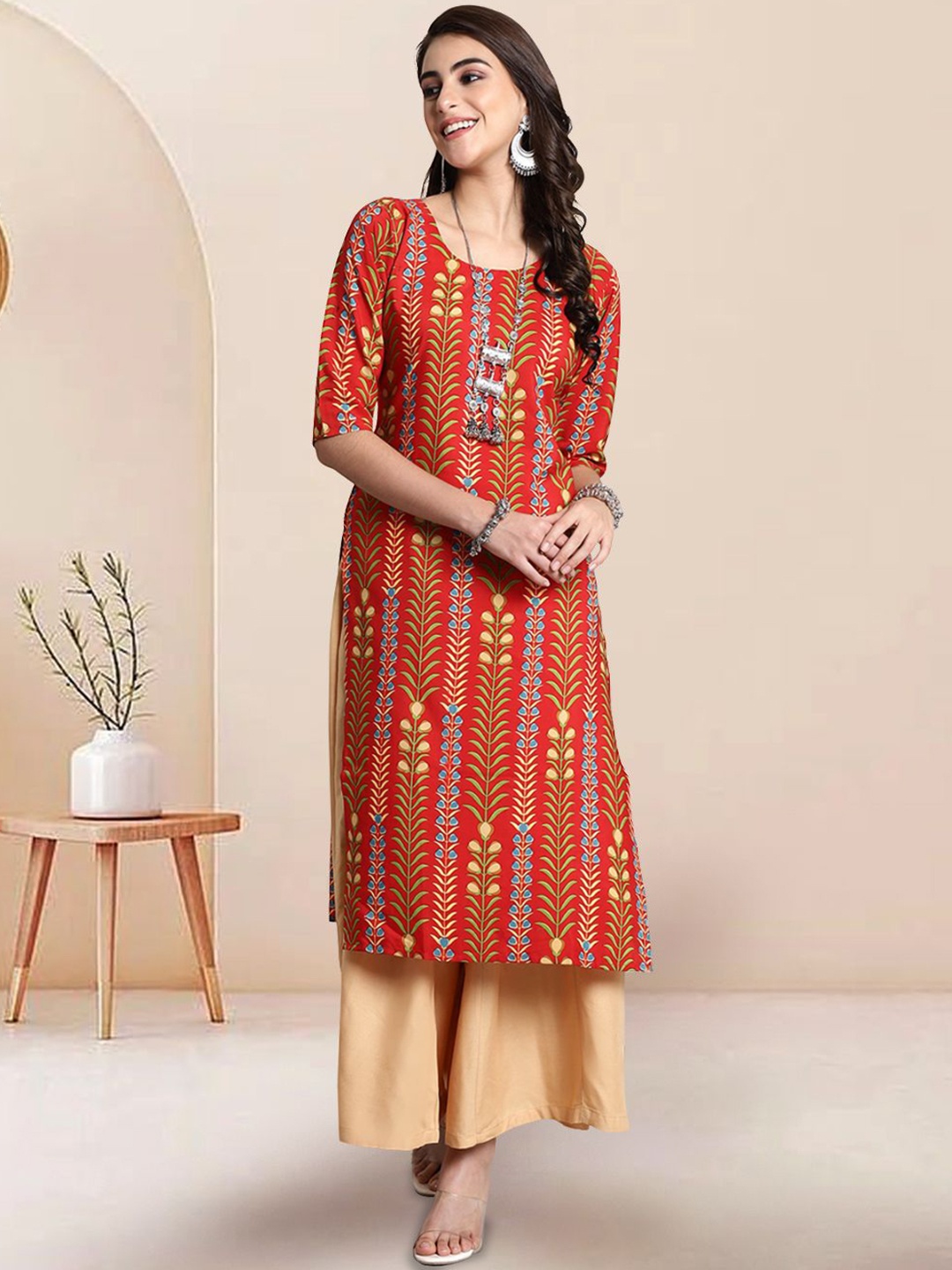 

7Threads Floral Printed Round Neck Straight Kurta, Red