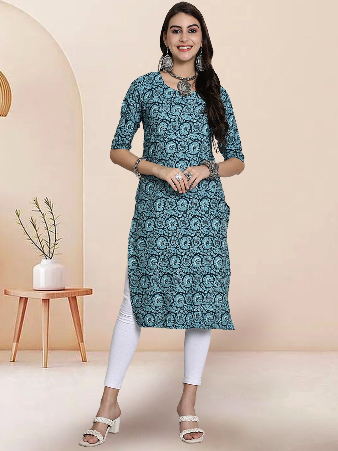 

7Threads Ethnic Motifs Printed Round Neck Straight Kurta, Teal