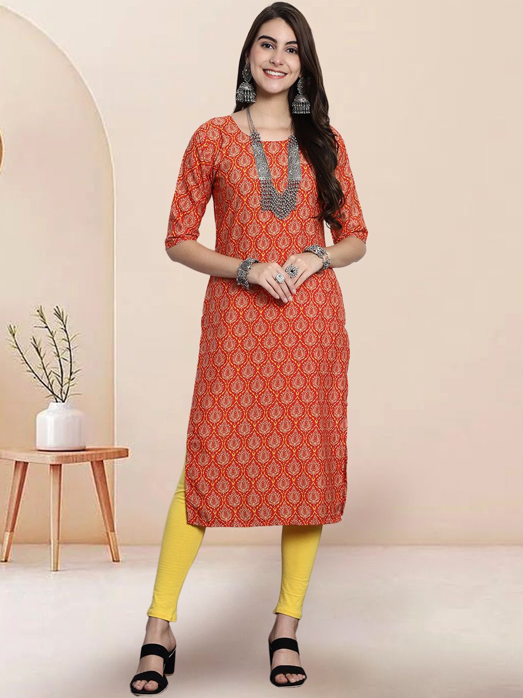 

7Threads Ethnic Motifs Printed Straight Kurta, Orange