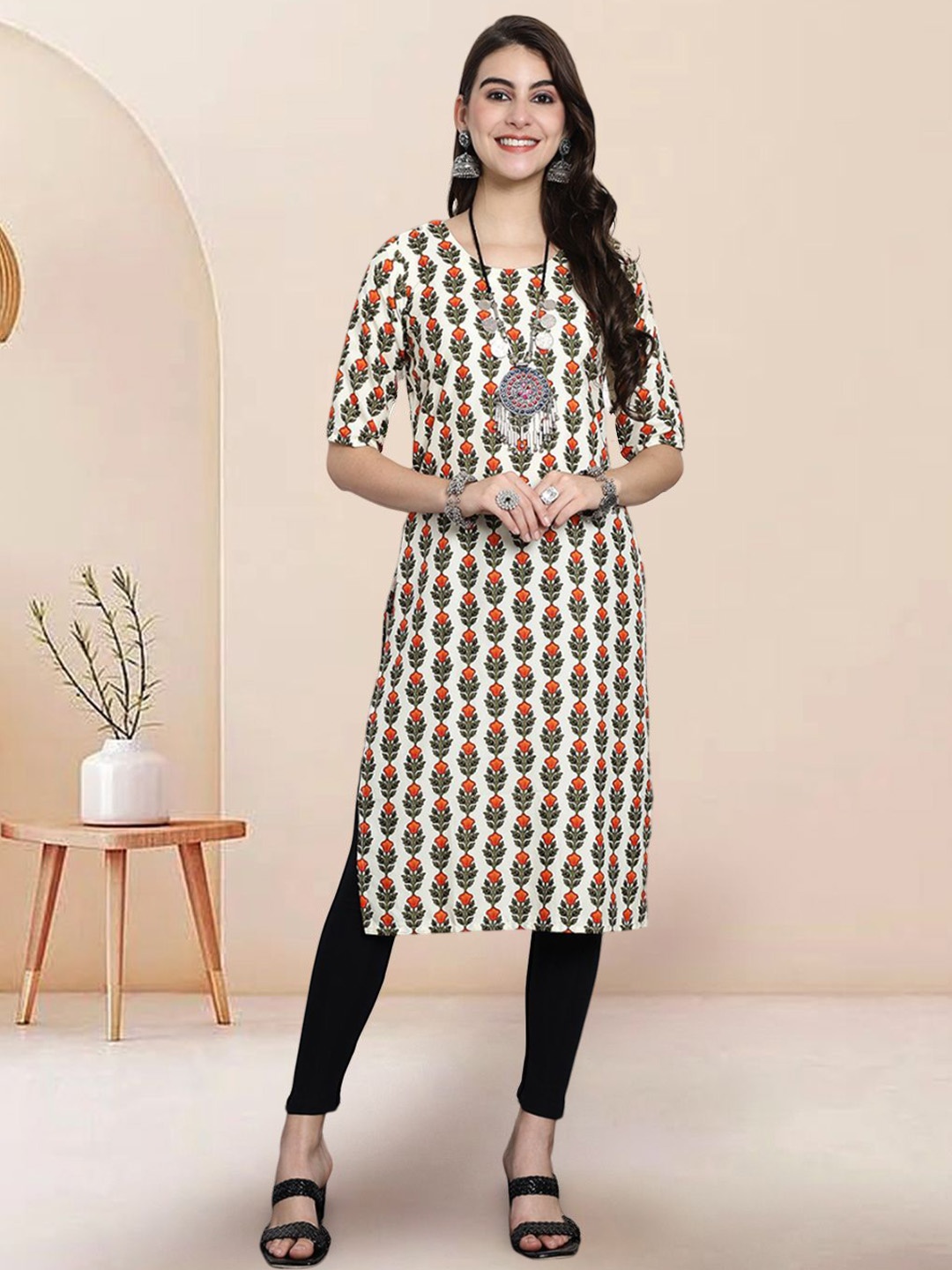 

7Threads Floral Printed Straight Kurta, White
