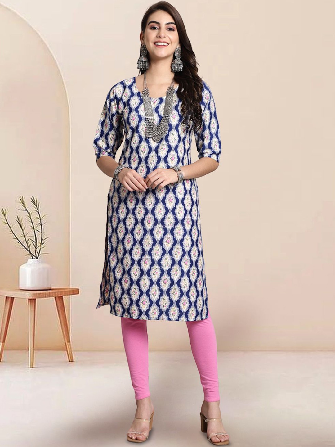 

7Threads Floral Printed Round Neck Machine Weave Straight Kurta, Navy blue