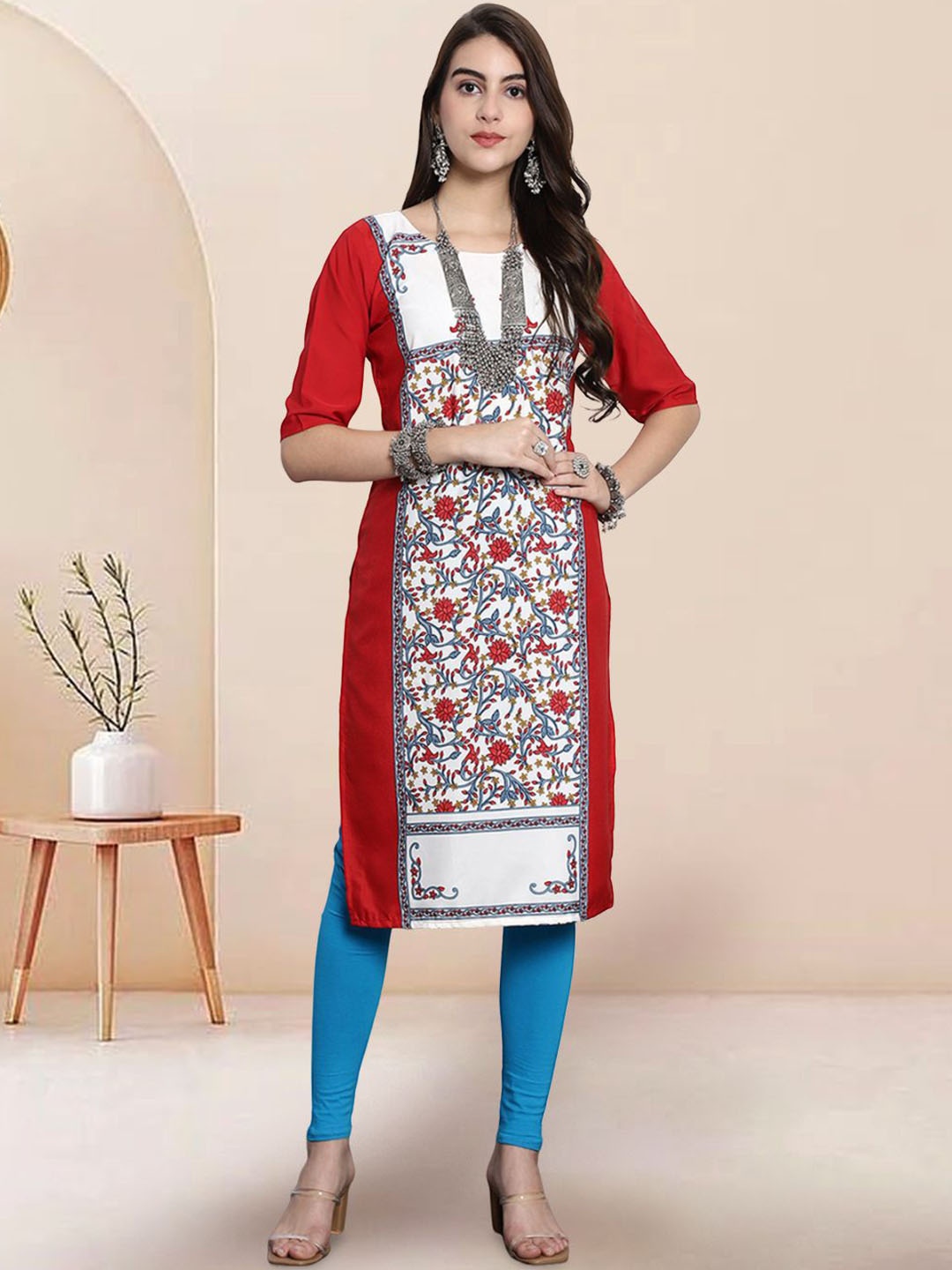 

7Threads Floral Printed Round Neck Straight Kurta, Red