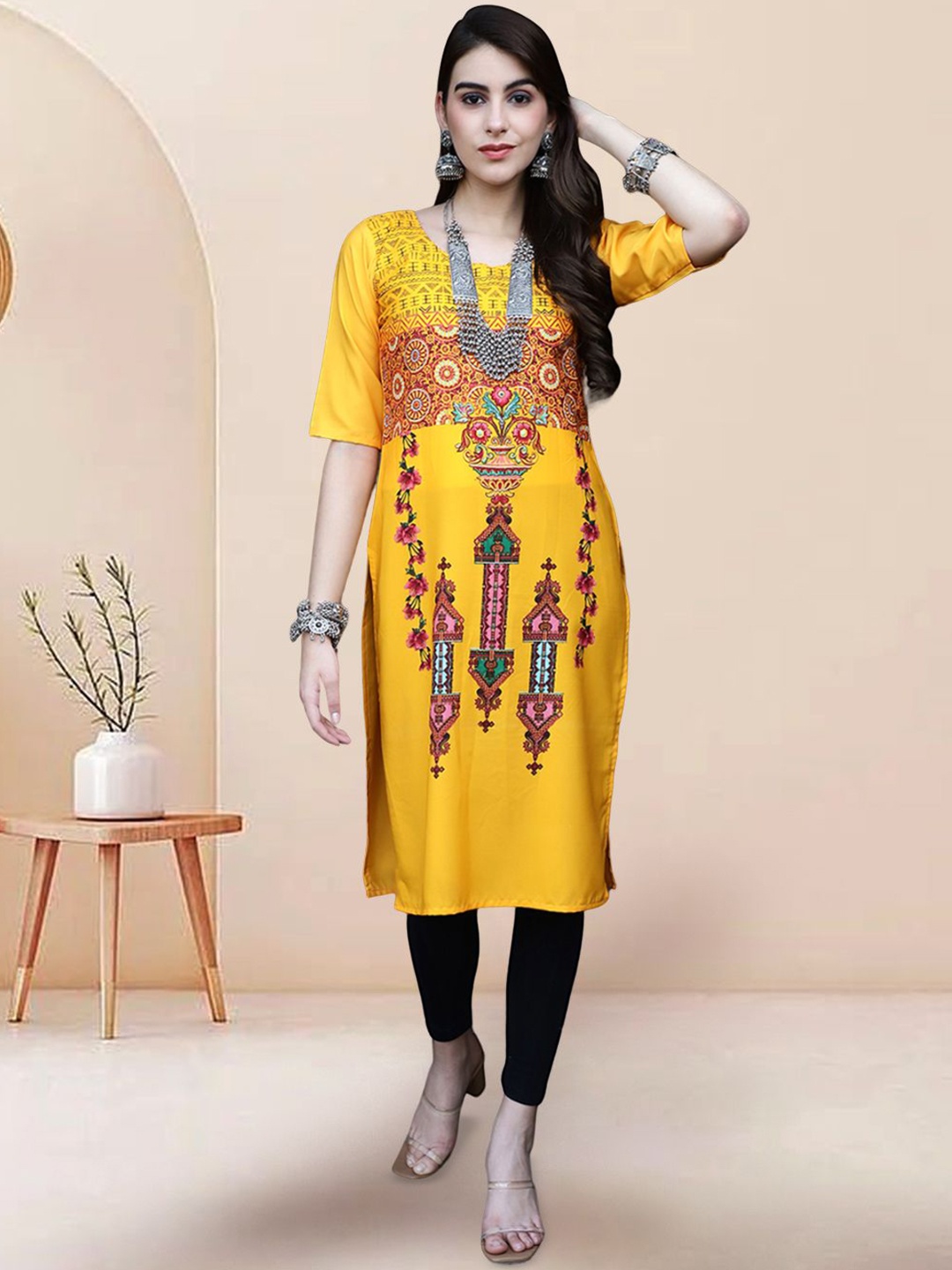 

7Threads Ethnic Motifs Printed Round Neck Straight Kurtas, Yellow