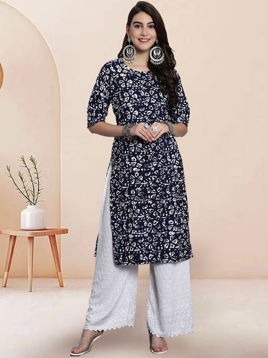 

7Threads Abstract Printed Straight Kurta, Navy blue