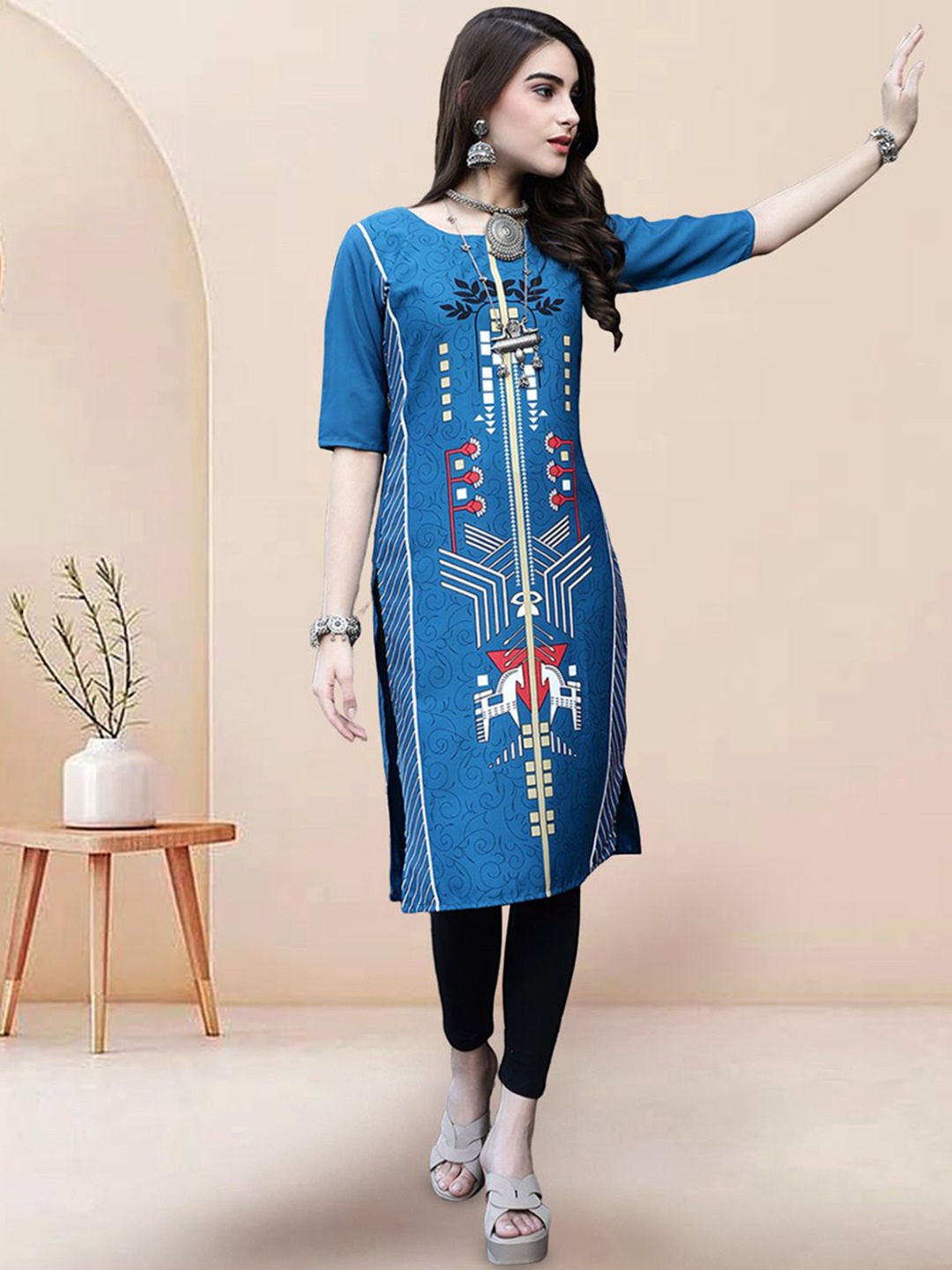 

7Threads Ethnic Motifs Printed Round Neck Straight Kurta, Blue