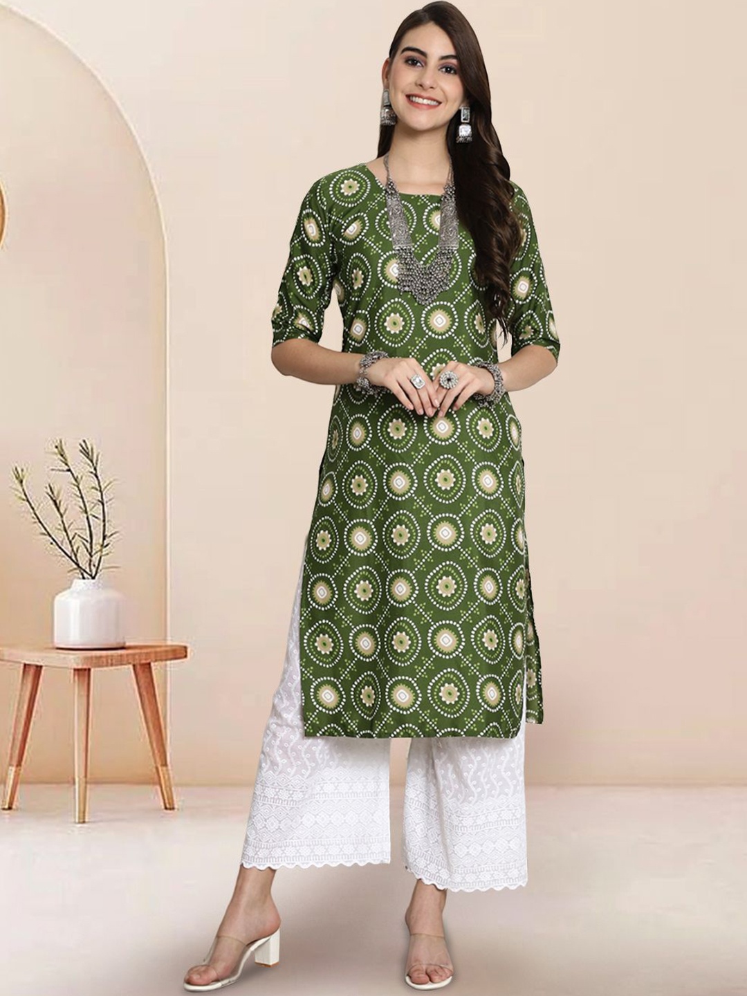 

7Threads Ethnic Motifs Printed Round Neck Straight Kurta, Olive