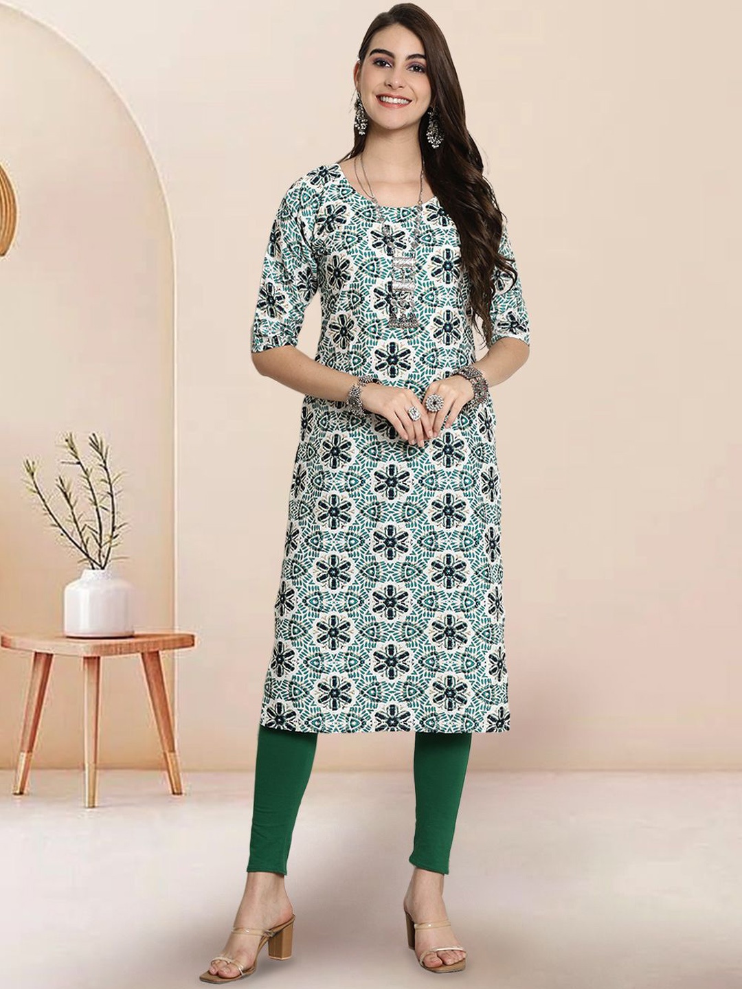 

7Threads Floral Printed Round Neck Straight Kurtas, Teal