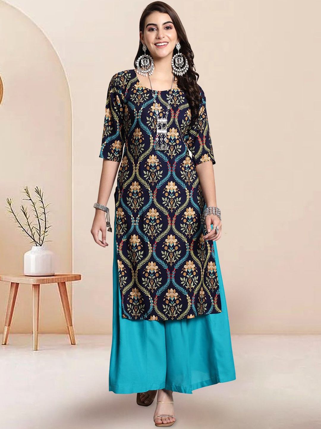 

7Threads Floral Printed Round Neck Machine Weave Straight Kurta, Navy blue