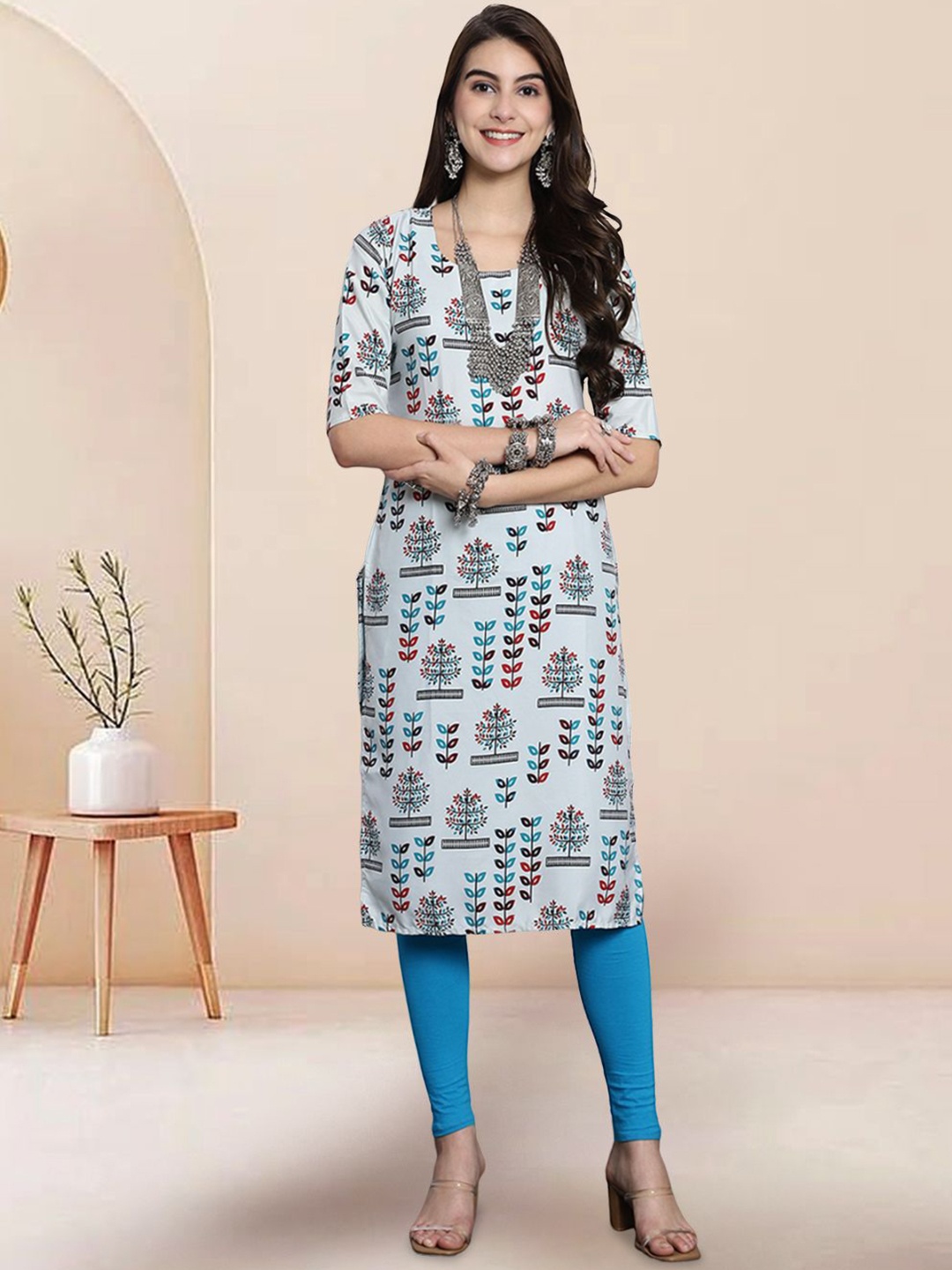 

7Threads Ethnic Motifs Printed Round Neck Straight Kurtas, Grey