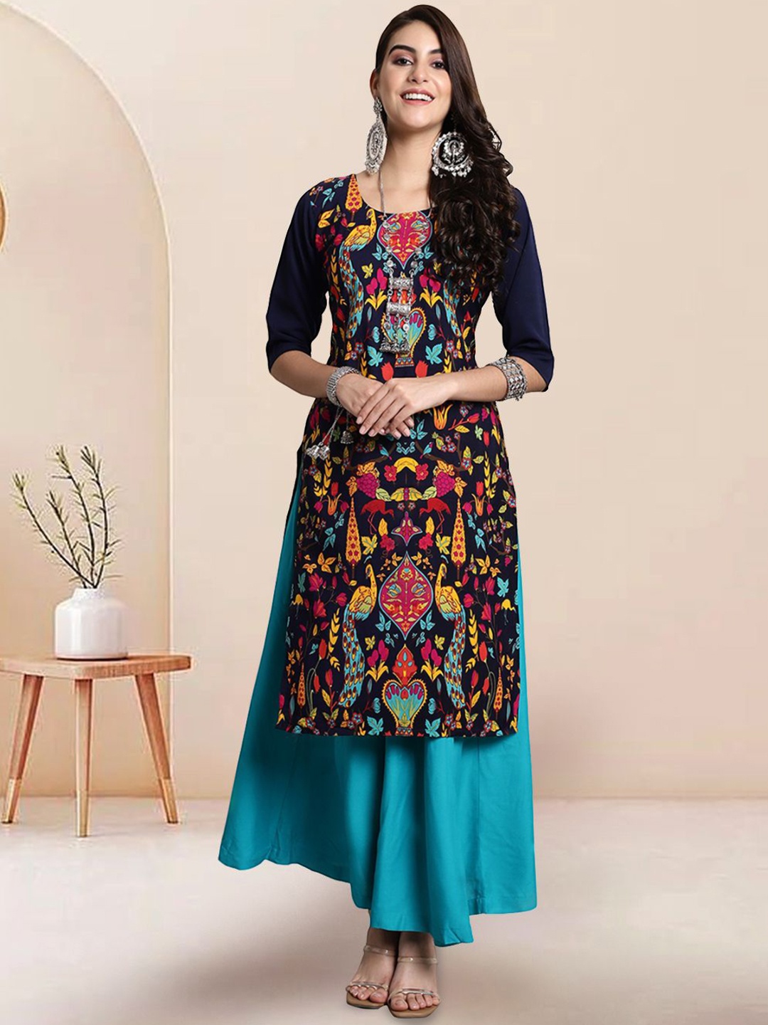 

7Threads Women Ethnic Motifs Printed Floral Crepe Kurta, Blue