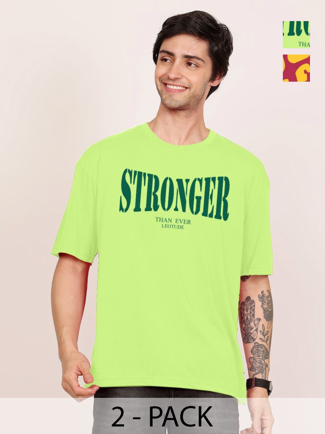 

Leotude Men Pack Of 2 Typography Printed Round Neck Cotton T-shirts, Lime green