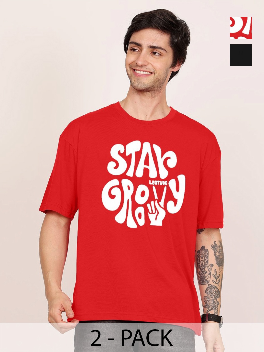 

Leotude Men Pack Of 2 Graphic Printed Round Neck Cotton T-shirts, Red