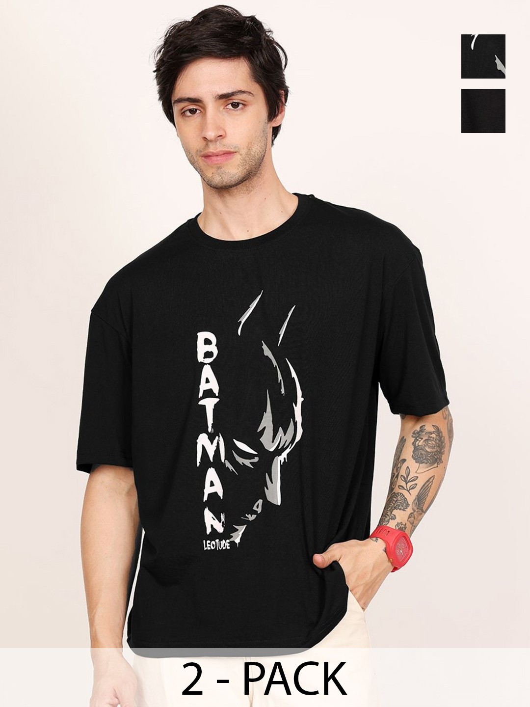 

Leotude Men Pack Of 2 Batman Graphic Printed Round Neck Cotton T-shirts, Black