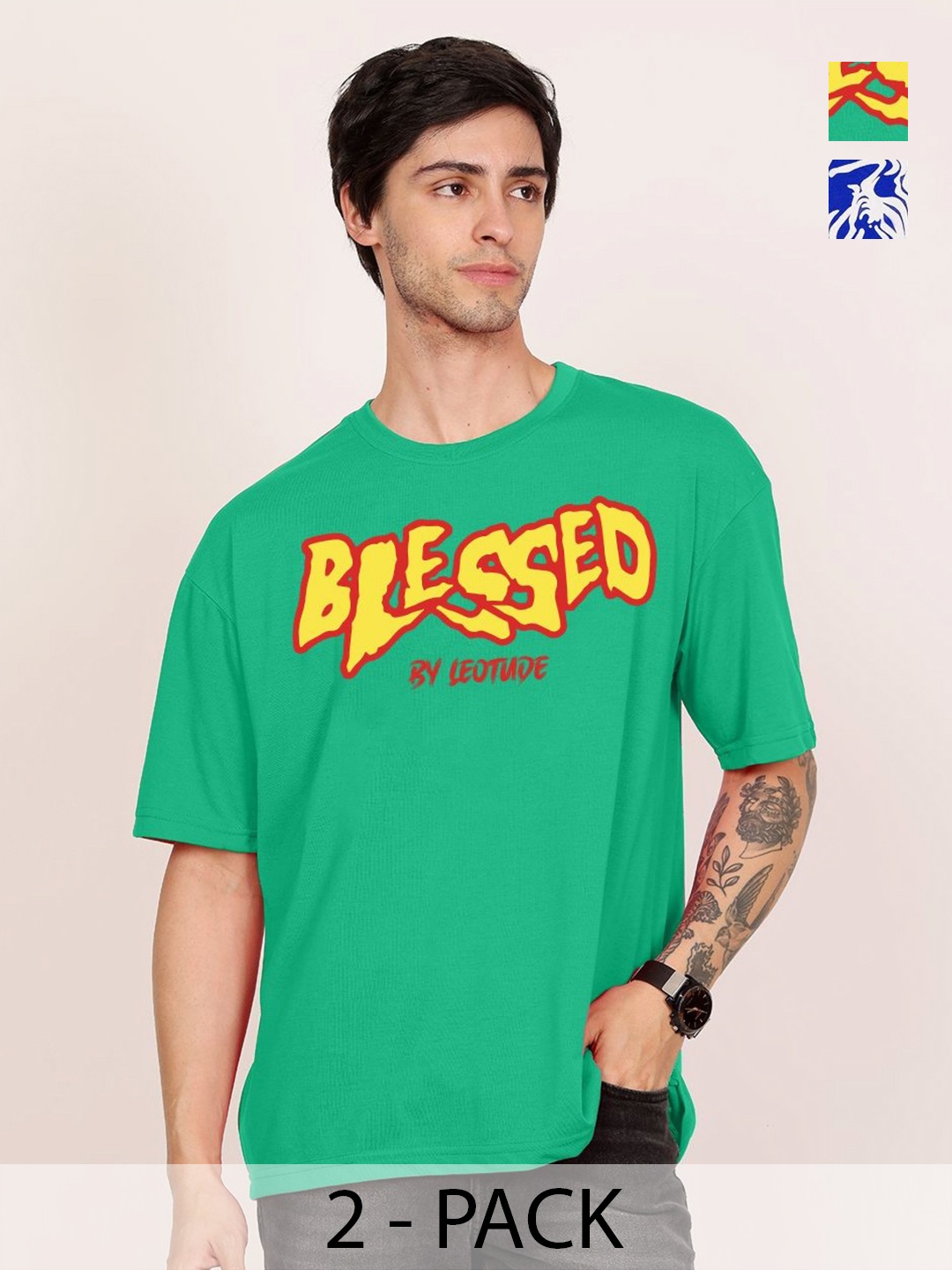 

Leotude Men Pack Of 2 Typography Printed Round Neck Cotton T-shirts, Green