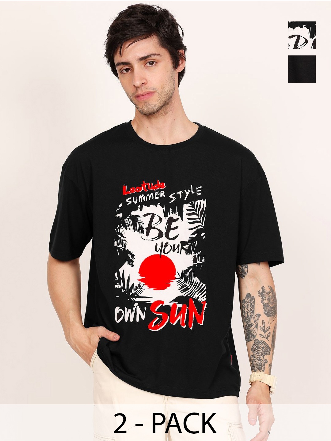 

Leotude Men Pack Of 2 Graphic Printed Round Neck Cotton T-shirts, Black