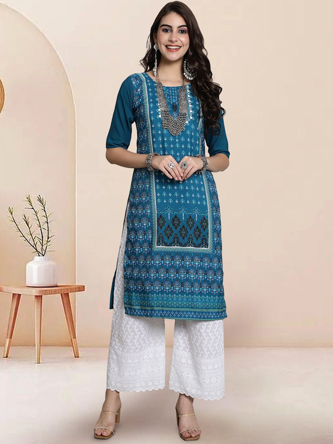 

7Threads Ethnic Motifs Printed Straight Kurta, Blue