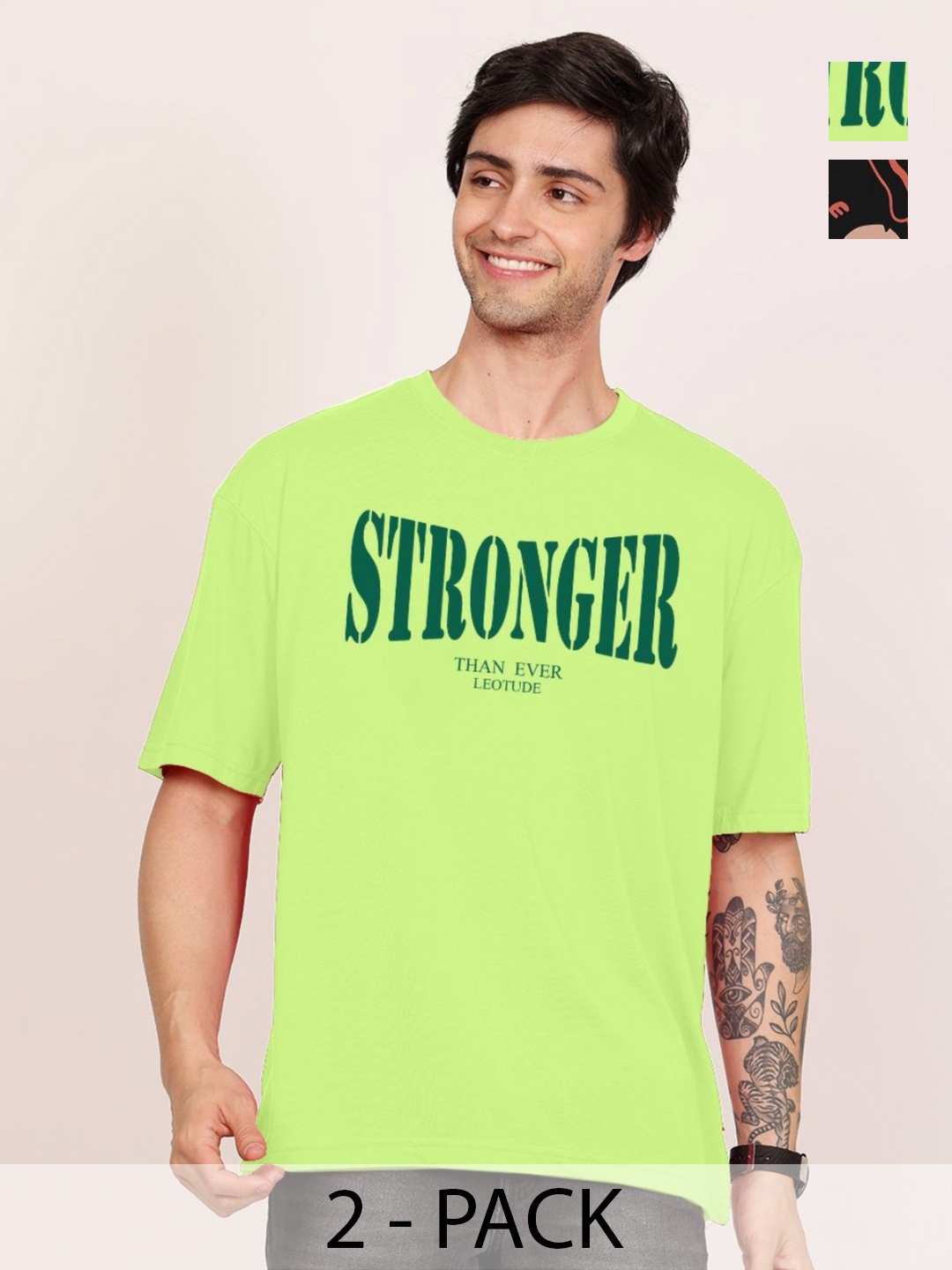 

Leotude Men Pack Of 2 Graphic Printed Round Neck Cotton T-shirts, Lime green
