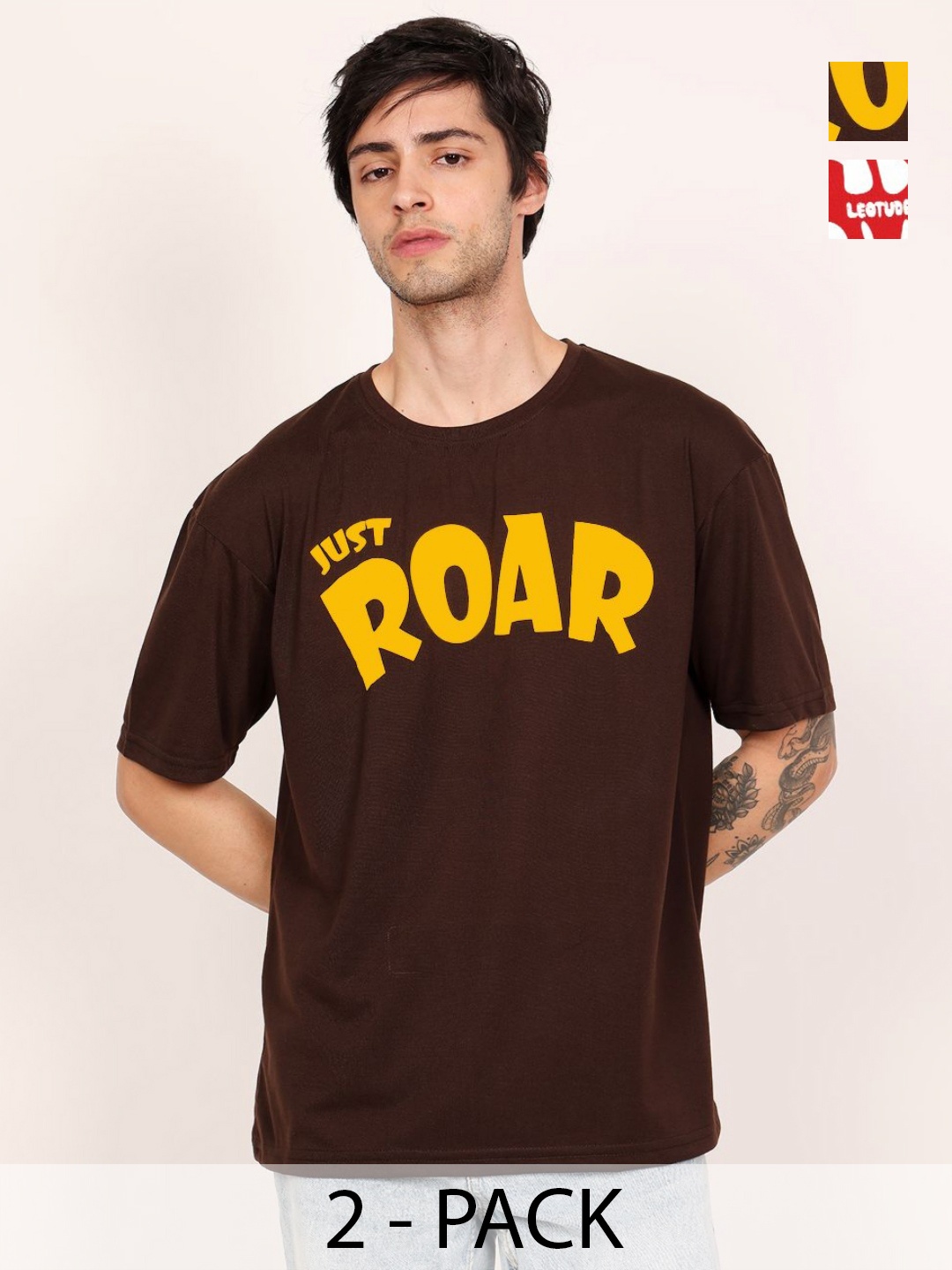 

Leotude Men Pack Of 2 Typography Printed Round Neck Cotton T-shirts, Olive