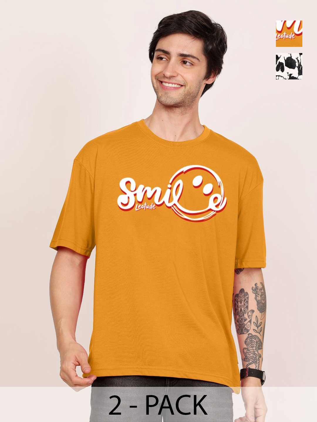 

Leotude Men Pack Of 2 Graphic Printed Round Neck Cotton T-shirts, Mustard