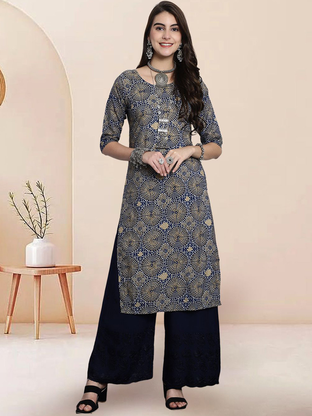 

7Threads Women Ethnic Motifs Printed Floral Crepe Kurta, Blue