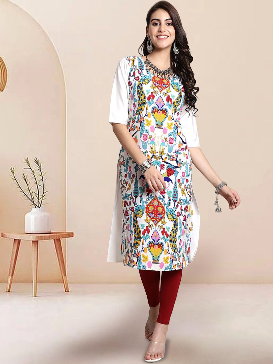 

7Threads Ethnic Motifs Printed Round Neck Straight Kurta, White