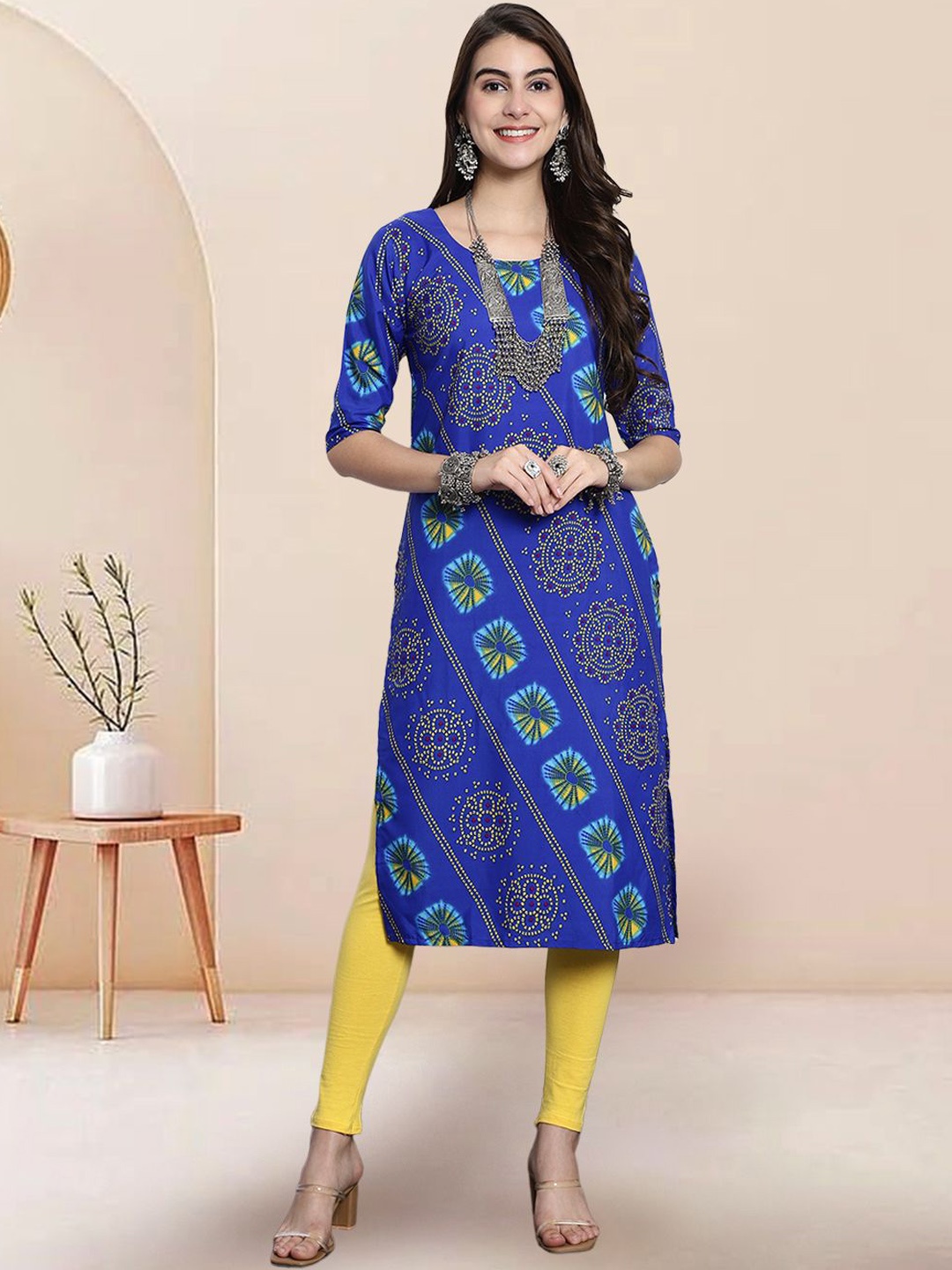 

7Threads Women Ethnic Motifs Printed Floral Crepe Kurta, Blue