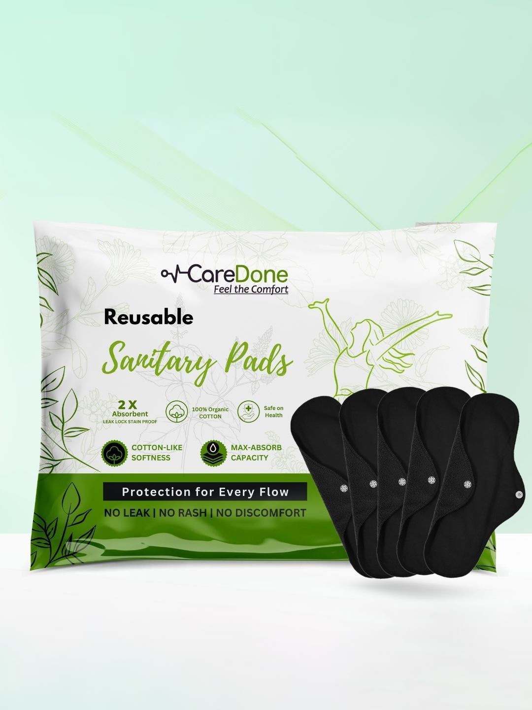 

CareDone Set Of 5 Washable & Reusable Comfty Extra Large Organic Cotton Sanitary Pads - Xl, Black