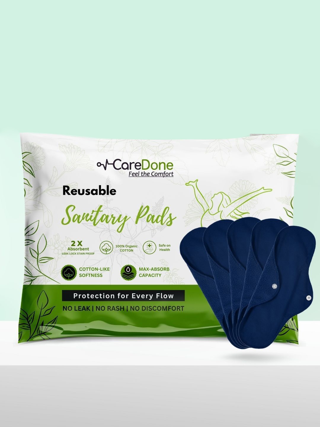 

CareDone Set Of 5 Washable & Reusable Comfty Extra Large Organic Cotton Sanitary Pads - Xl, Navy blue