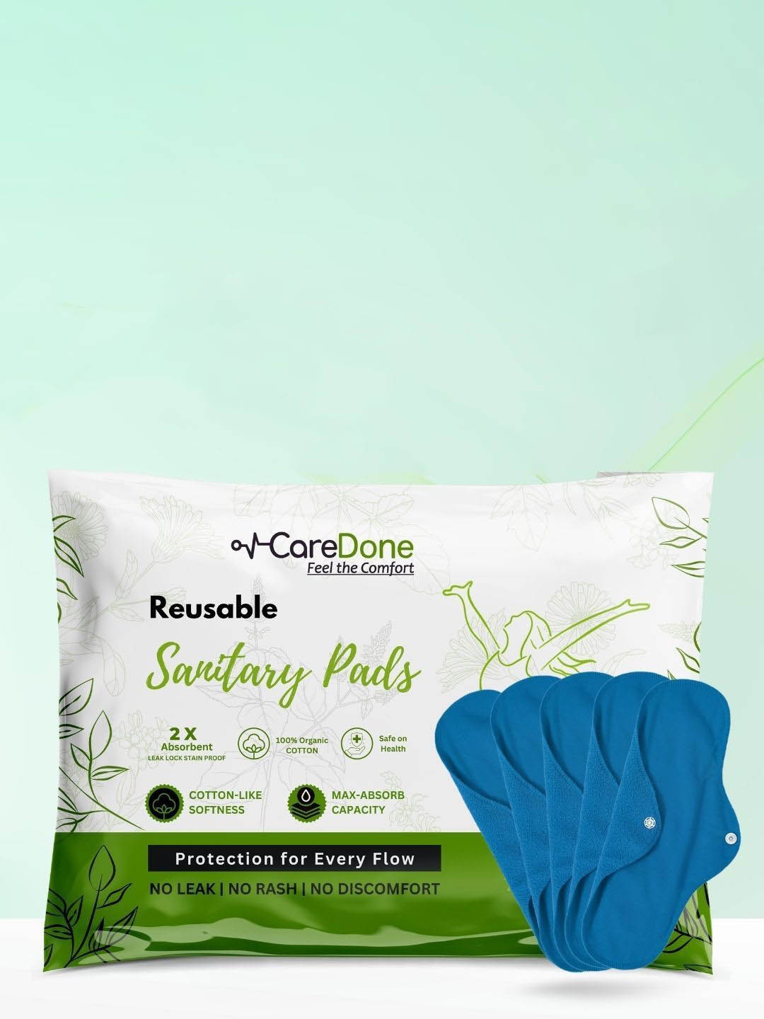 

CareDone Set Of 5 Washable & Reusable Comfty Extra Large Organic Cotton Sanitary Pads - Xl, Blue