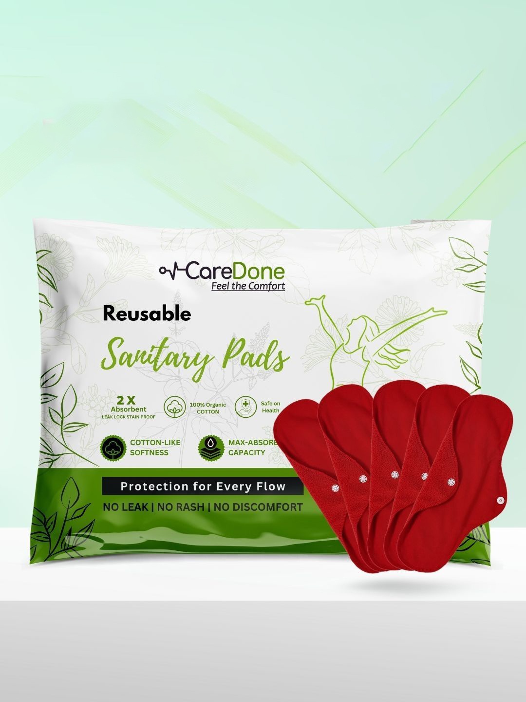 

CareDone Set Of 5 Washable & Reusable Comfty Extra Large Organic Cotton Sanitary Pads - Xl, Red
