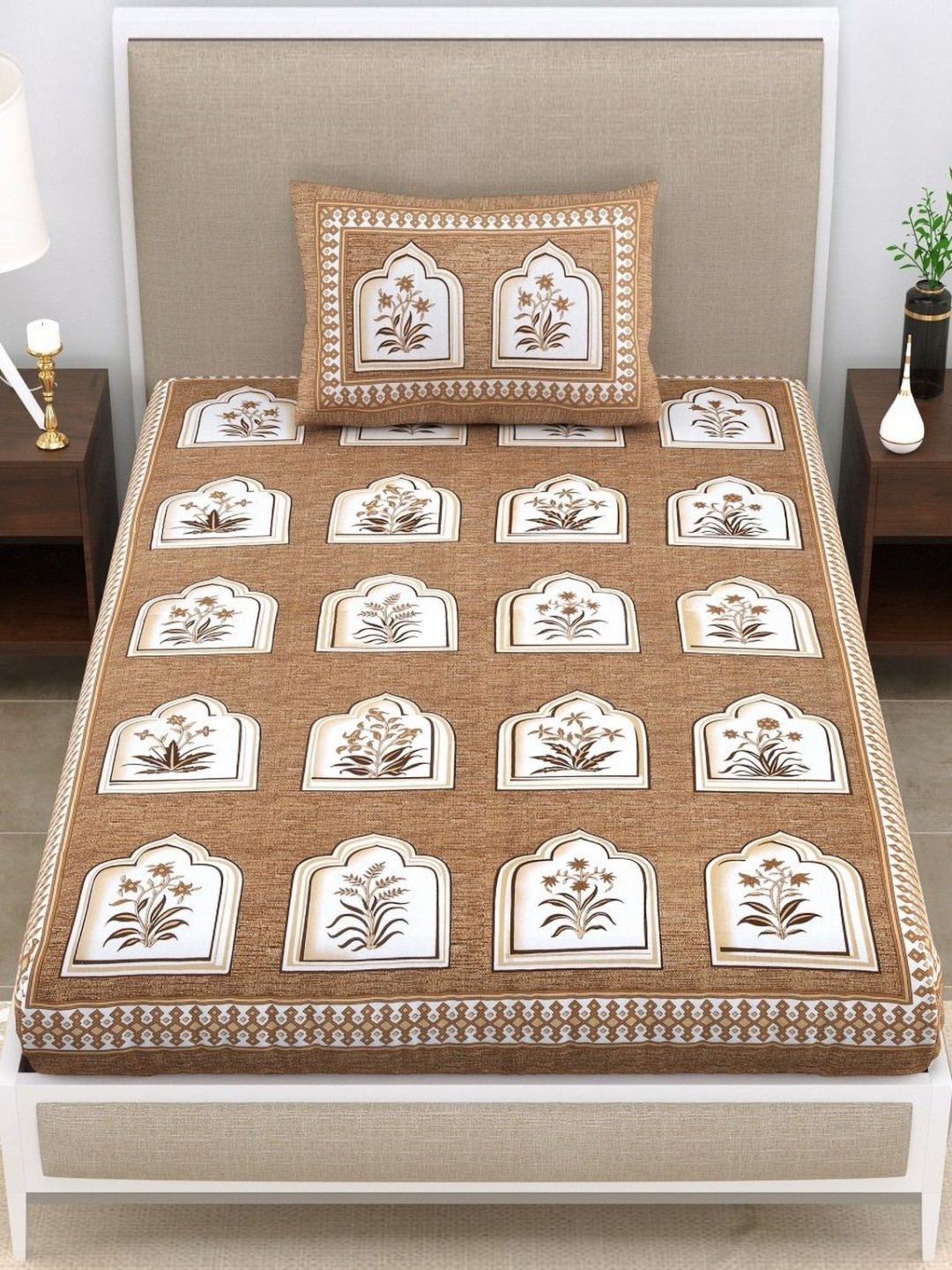 

HOMELINE Brown & White Printed Cotton 140 TC Single Bedsheet Set 2.50m x 1.50m