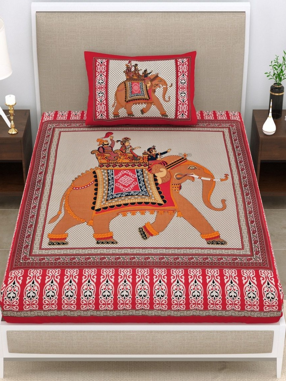 

HOMELINE Red Ethnic Motifs Printed 140 TC Cotton Single Bedsheet Set 2.50 m x 1.50 m