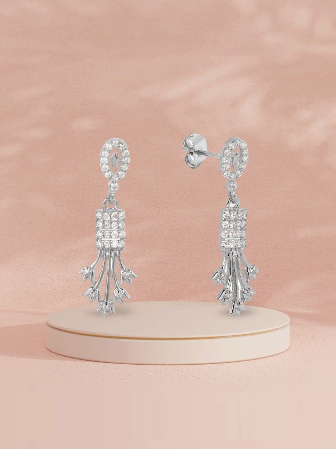 

De Flossy 925 Sterling Stone Studded Contemporary Shaped Drop Earrings, Silver