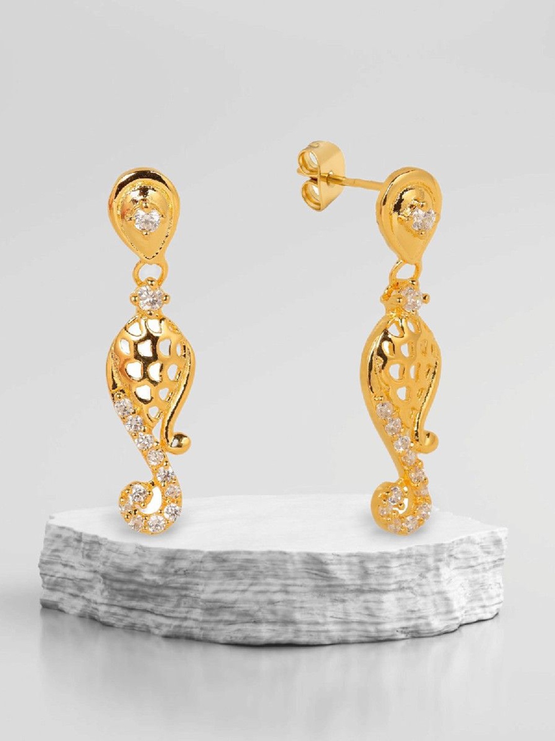 

De Flossy Silver 925 Sterling 22K Gold-Plated Artificial Stones Studded Drop Earrings